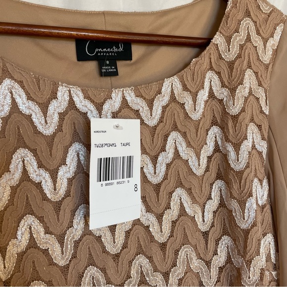 CONNECTED APPAREL Women’s Tan Cream Lace Sheath Dress Flowy Long Sleeve Size 8 - Picture 11 of 14